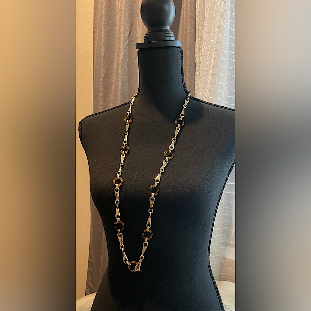 Max Studio Long Gold Necklace with acrylic rings. NWT